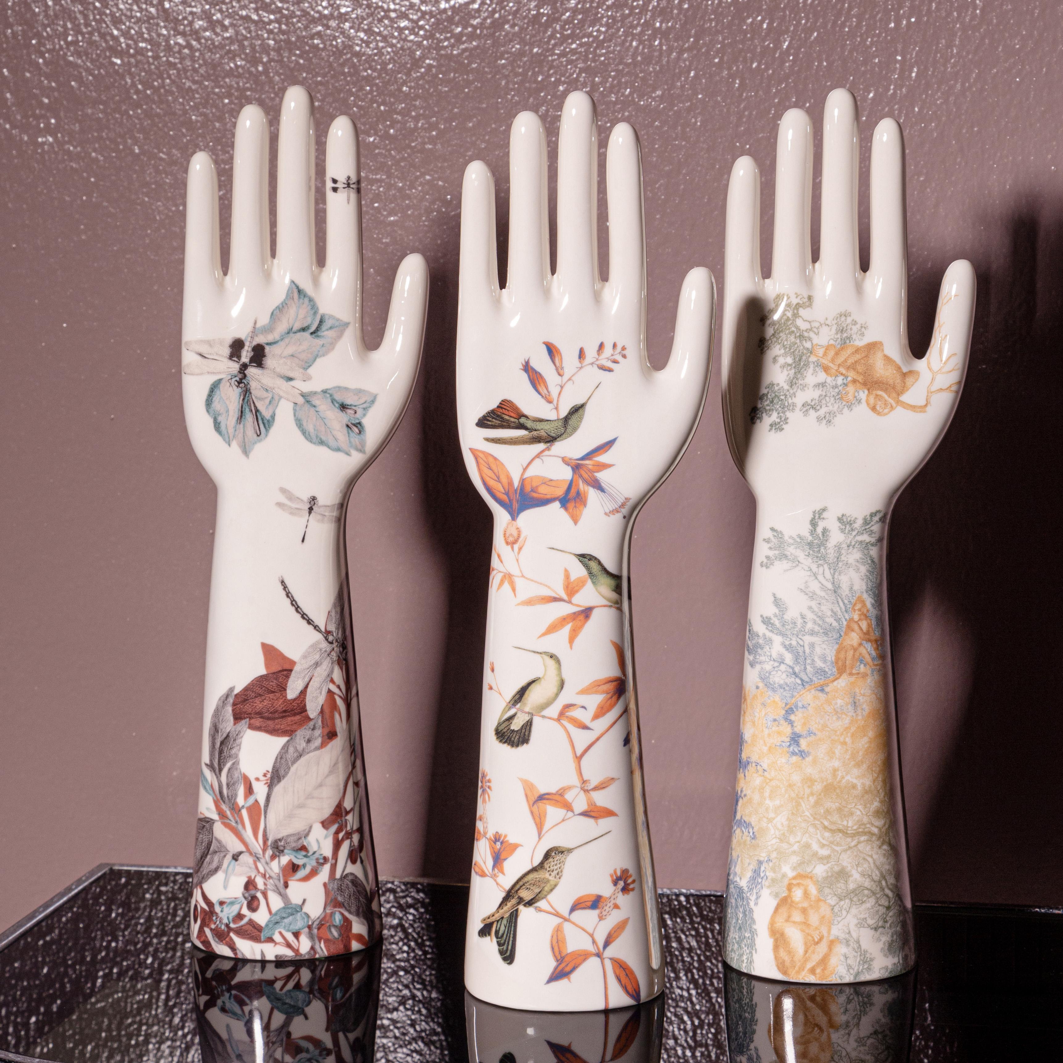 Contemporary Anatomica, Porcelain Hand with leaves and dragonflies Decoration by Vito Nesta For Sale