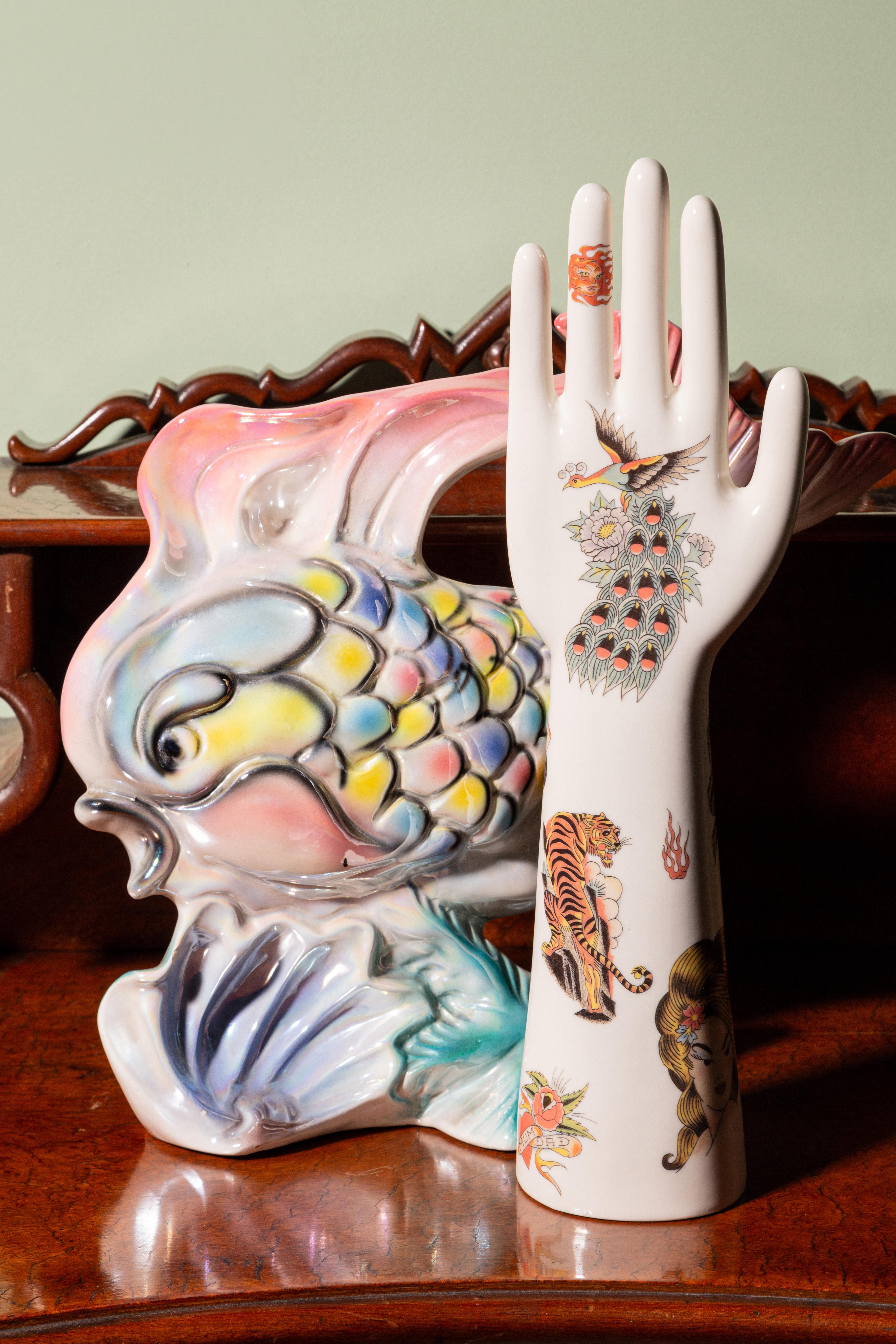 Anatomica, Porcelain Hand with Old School Tattoo Decoration by Vito Nesta For Sale 2