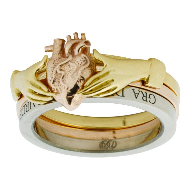 Anatomical Heart and Claddagh Ring Set in 18kt Yellow, 18kt White and