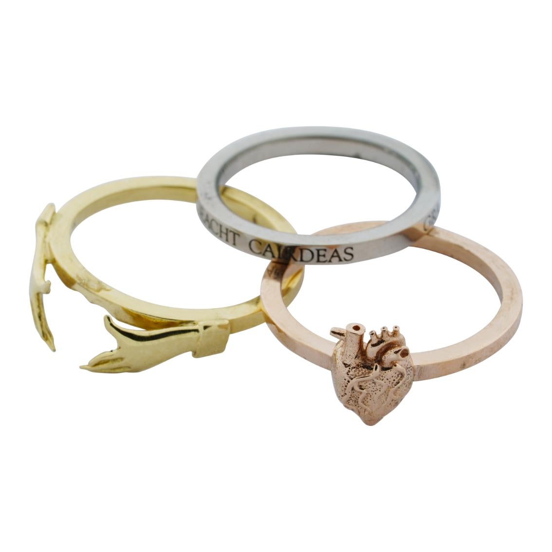 Renaissance Anatomical Heart & Claddagh Ring Set in 18kt Yellow, 18kt White & 18kt Rose Gold For Sale