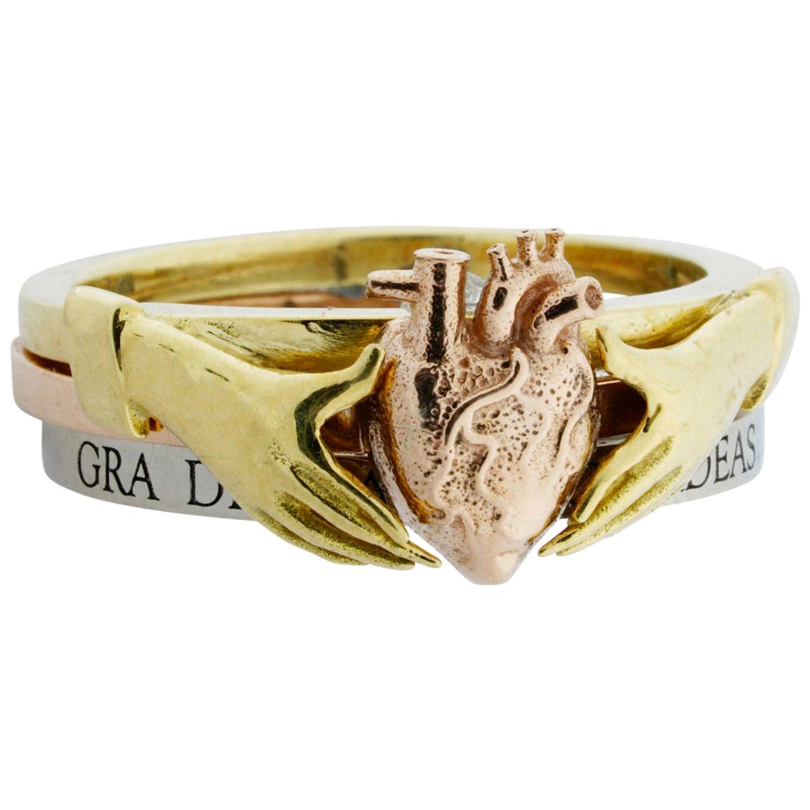 Anatomical Heart & Claddagh Ring Set in 18kt Yellow, 18kt White & 18kt Rose Gold For Sale