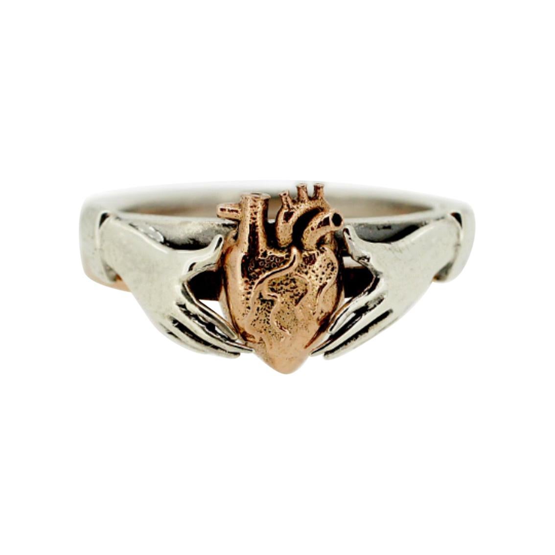 Anatomical Heart & Claddagh Ring Set in 9kt White & 9kt Rose Gold For Sale