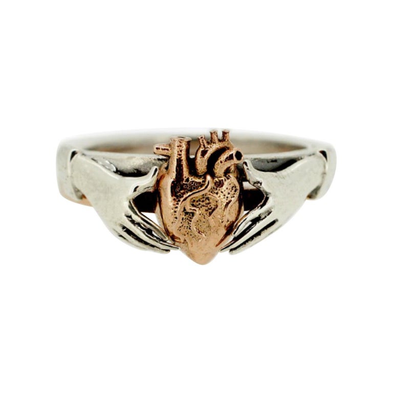 Anatomical Heart and Claddagh Ring Set in Sterling Silver and 9kt Rose Gold  For Sale at 1stDibs | claddagh ring anatomical heart, anatomical heart ring,  hands holding heart ring