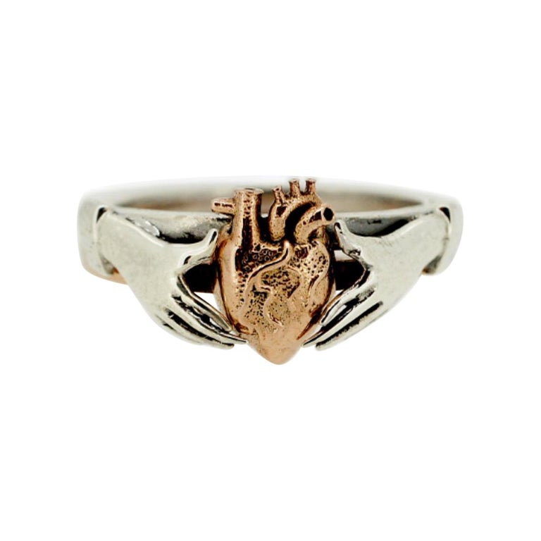 Anatomical Heart and Claddagh Ring Set in 9kt White and 9kt Rose Gold ...
