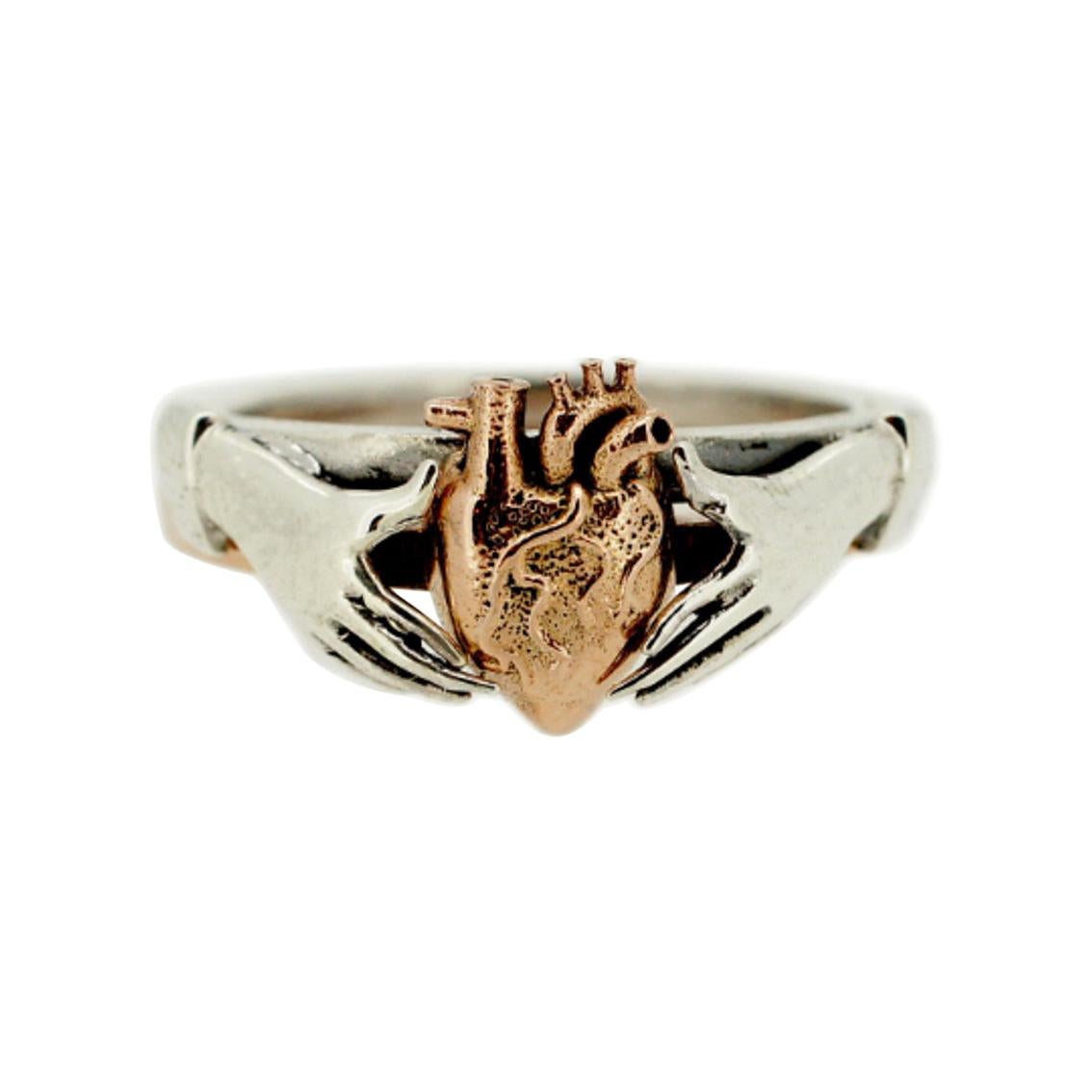 Anatomical Heart & Claddagh Ring Set in Sterling Silver & 9kt Rose Gold For Sale