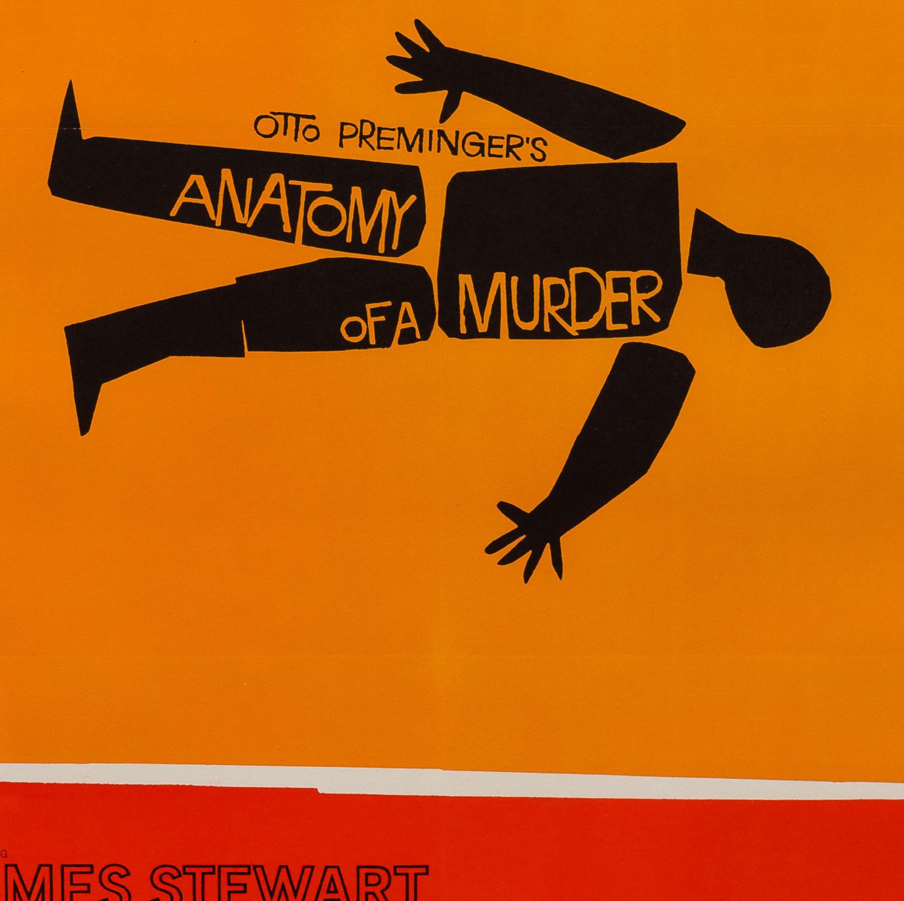 Original US-Filmplakat von Saul Bass für den Film Anatomie eines Mordes von 1959. 

Das Plakat Anatomy of a Murder mit seinen zeitlosen roten, orangefarbenen und schwarzen Grafiken gilt neben Vertigo als eines der besten Designs von Bass und ist
