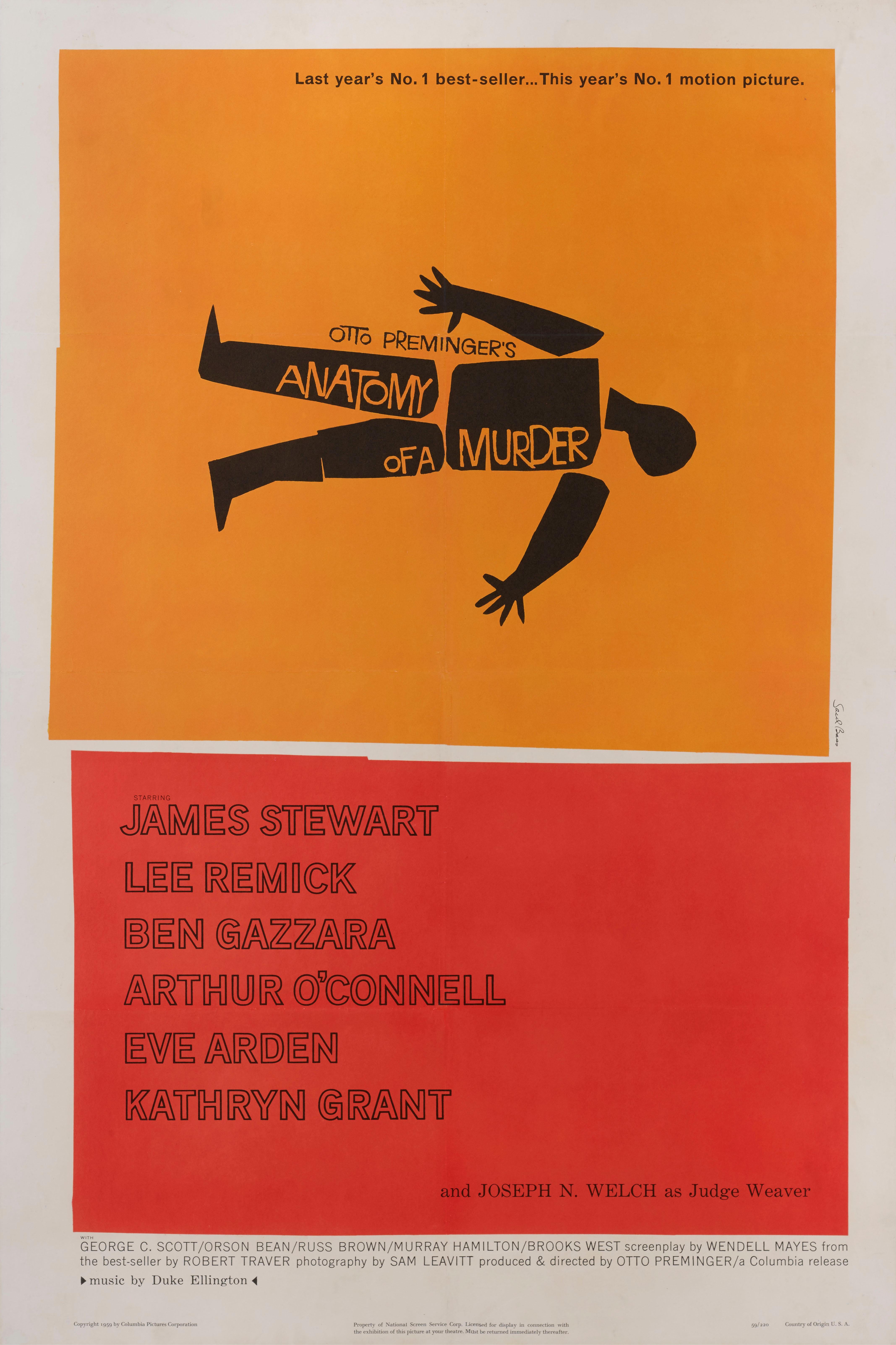 Original US film poster for Anatomy of a Murder (1959)
This film was directed by Otto Preminger, and stars James Stewart. It was one of the first mainstream Hollywood films to address sex and rape in graphic terms. It includes one of Saul Bass's