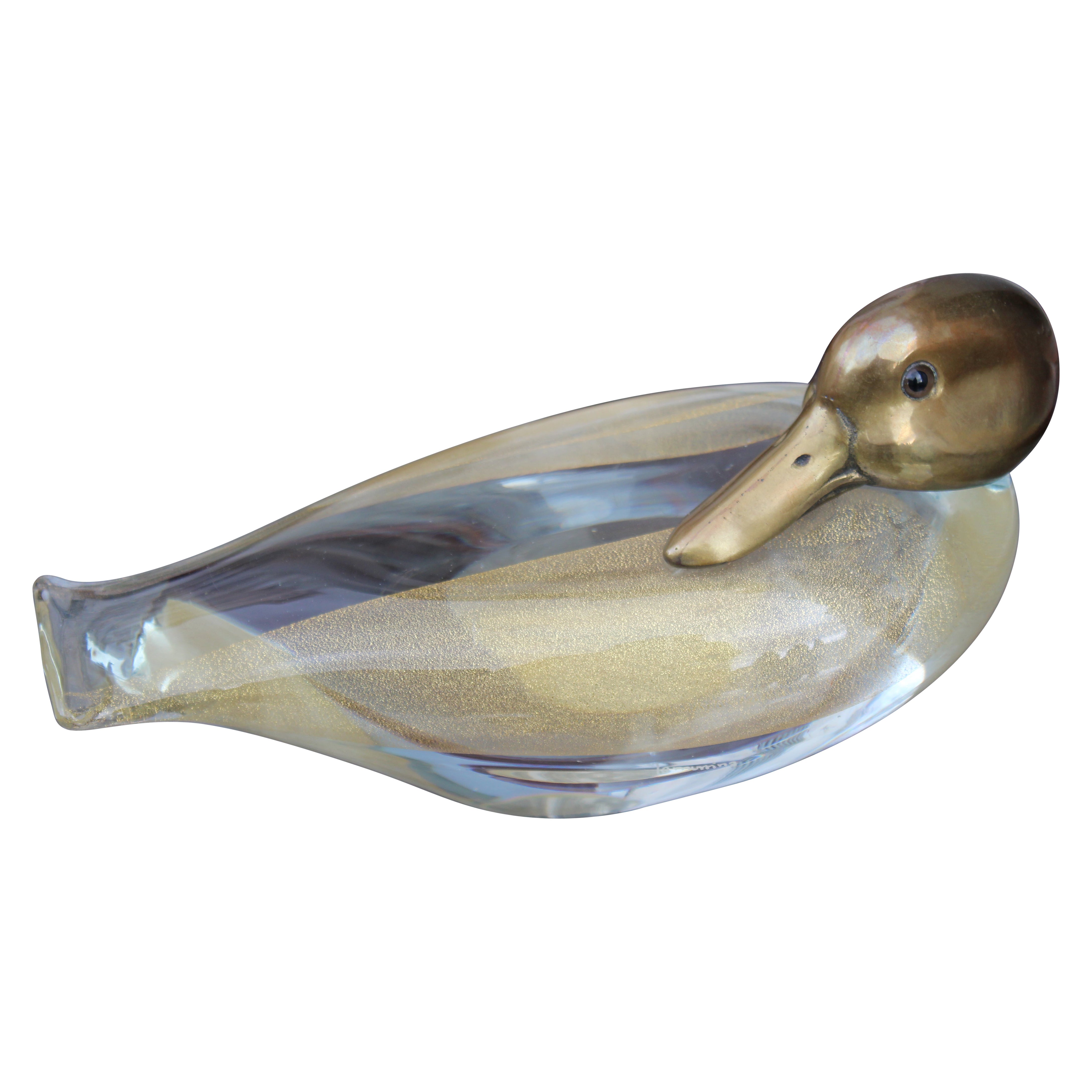 Duck in Murano Glass la Murrina and Brass Italian design 1970 Gold dust For Sale