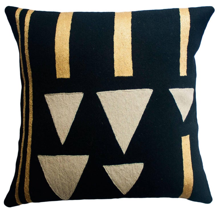 Anaya Rain Gold Hand Embroidered Modern Geometric Throw Pillow Cover For Sale