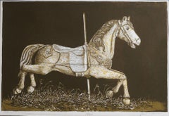 "Nómada amarrado" 77/90, Litografía firmada en tono sepia de caballo de carrusel de madera