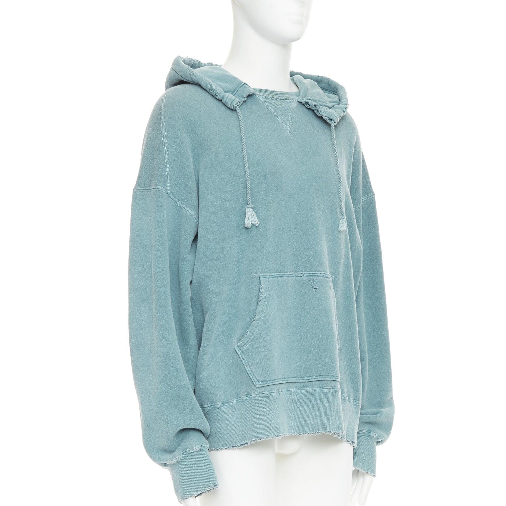 Blue ANCELLM teal blue washed cotton drawstring distressed oversized hoodie JP1 S For Sale