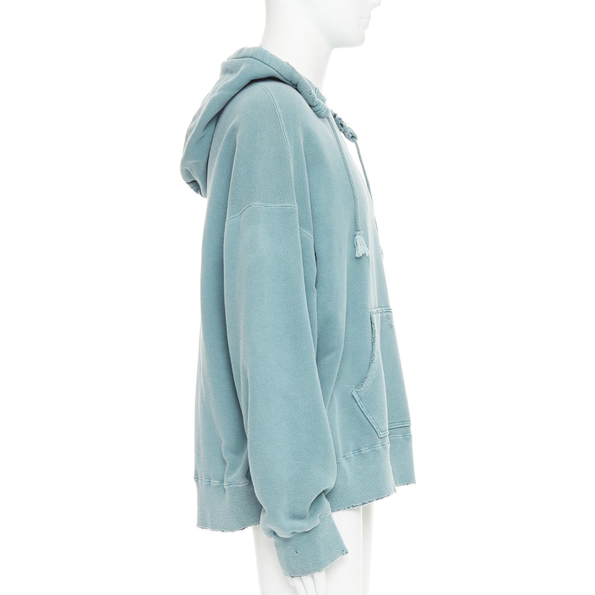 ANCELLM teal blue washed cotton drawstring distressed oversized hoodie JP1 S In Good Condition For Sale In Hong Kong, NT