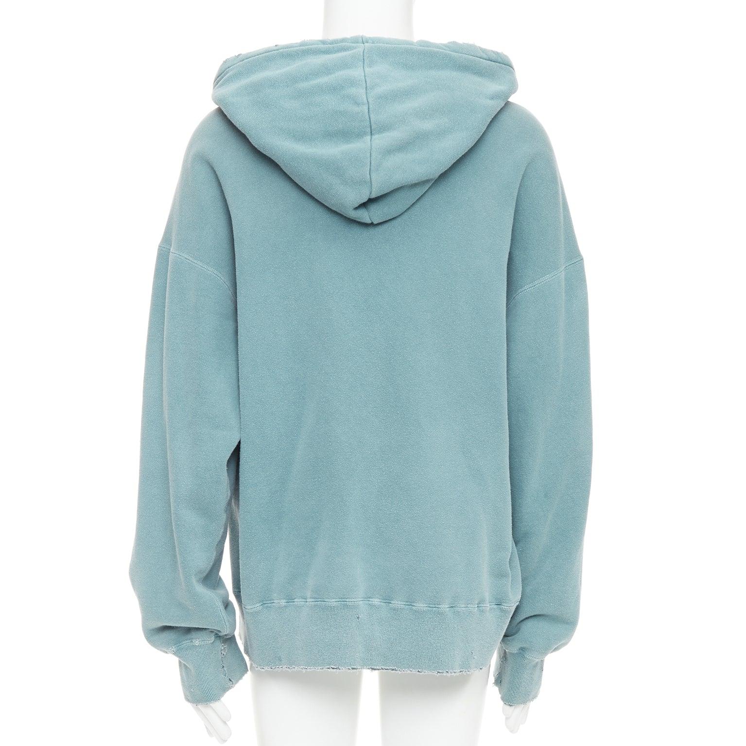 Men's ANCELLM teal blue washed cotton drawstring distressed oversized hoodie JP1 S For Sale