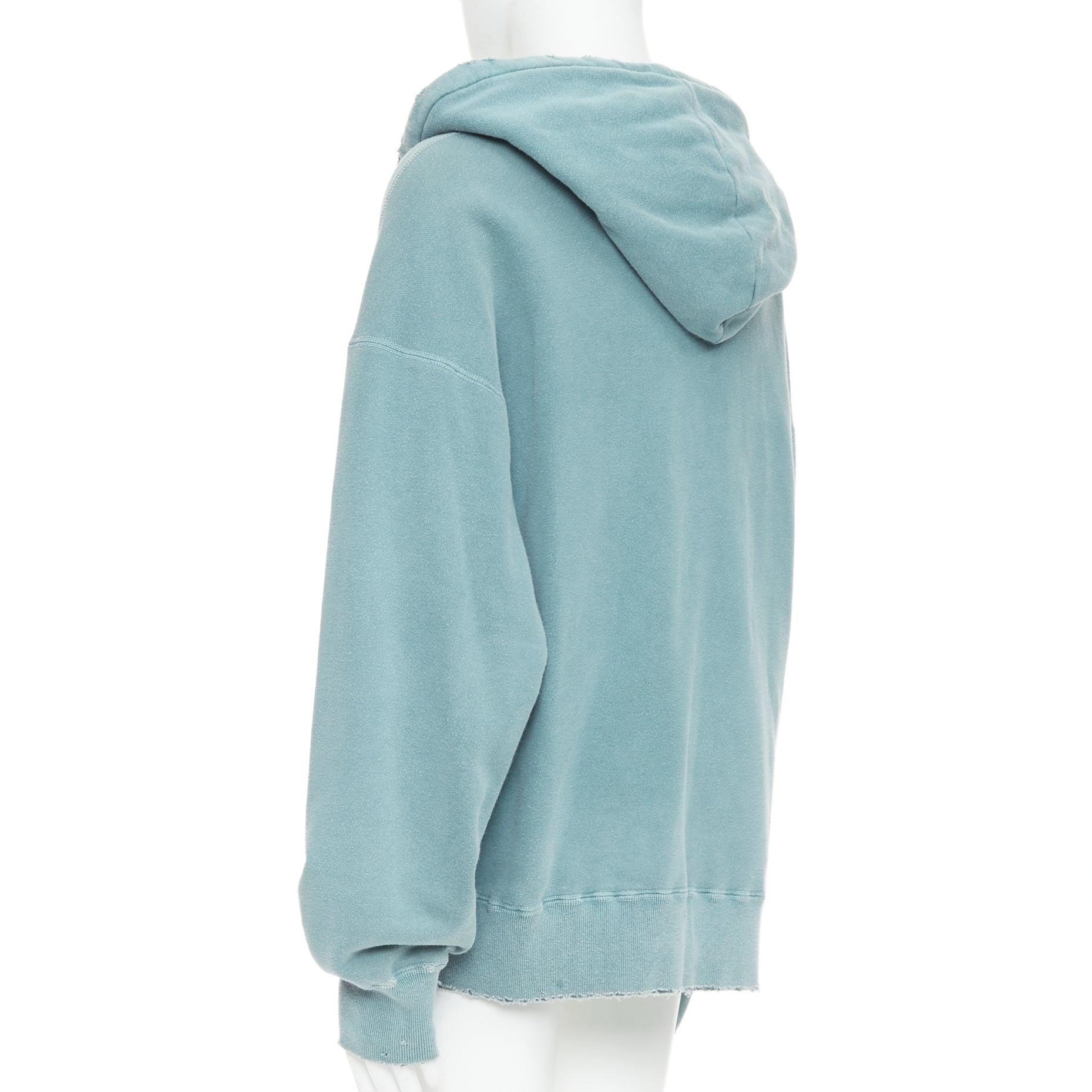 ANCELLM teal blue washed cotton drawstring distressed oversized hoodie JP1 S For Sale 1