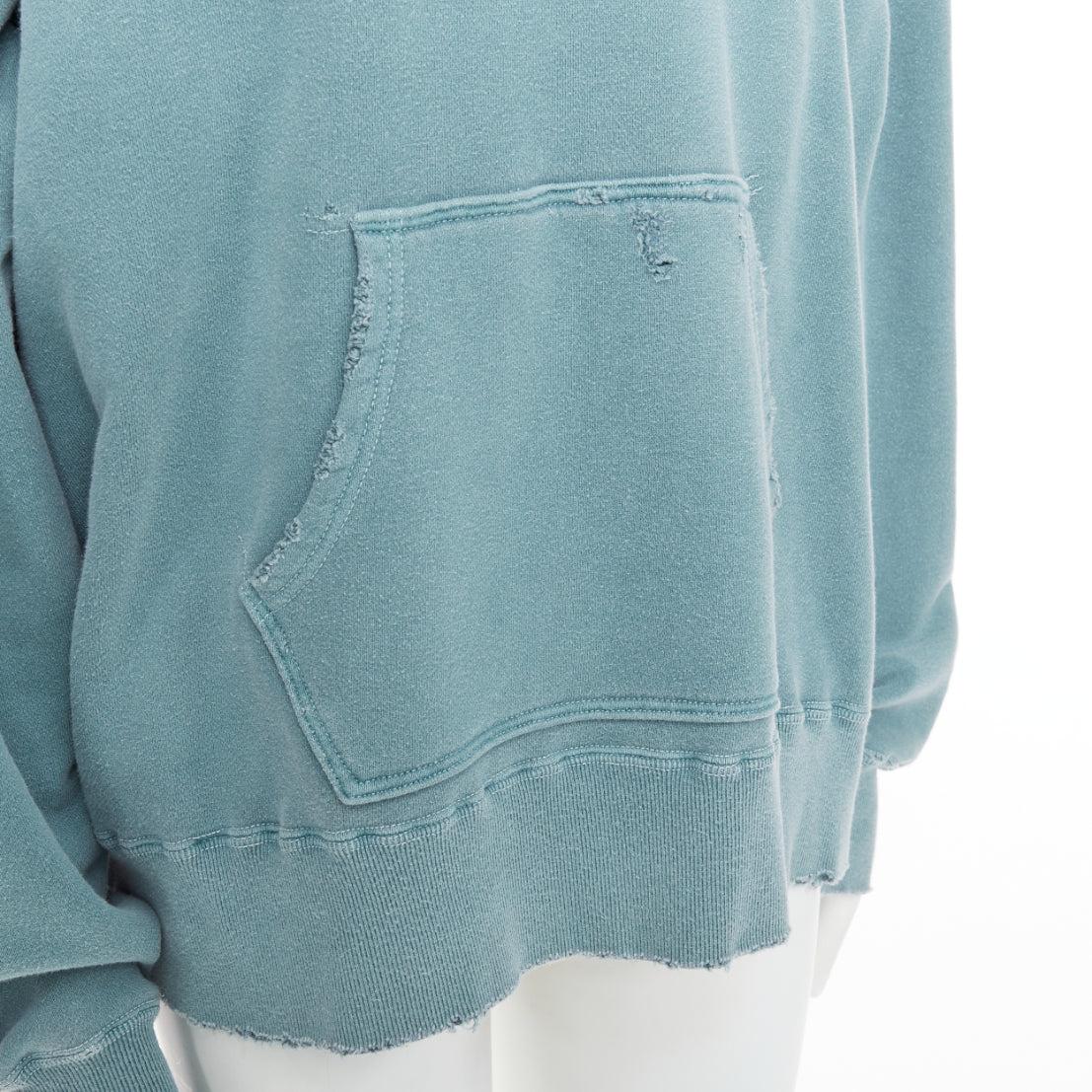 ANCELLM teal blue washed cotton drawstring distressed oversized hoodie JP1 S For Sale 2