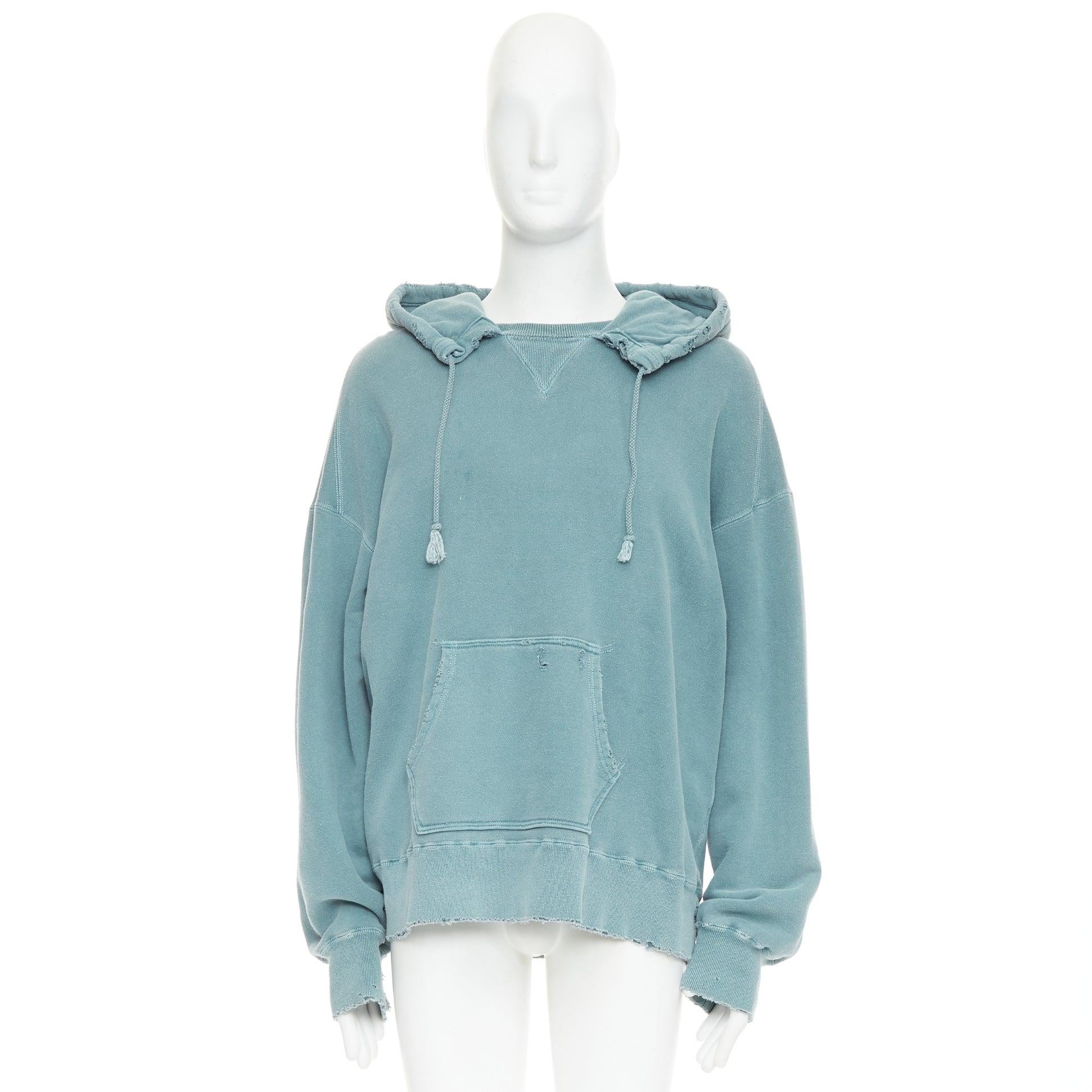 ANCELLM teal blue washed cotton drawstring distressed oversized hoodie JP1 S For Sale 4