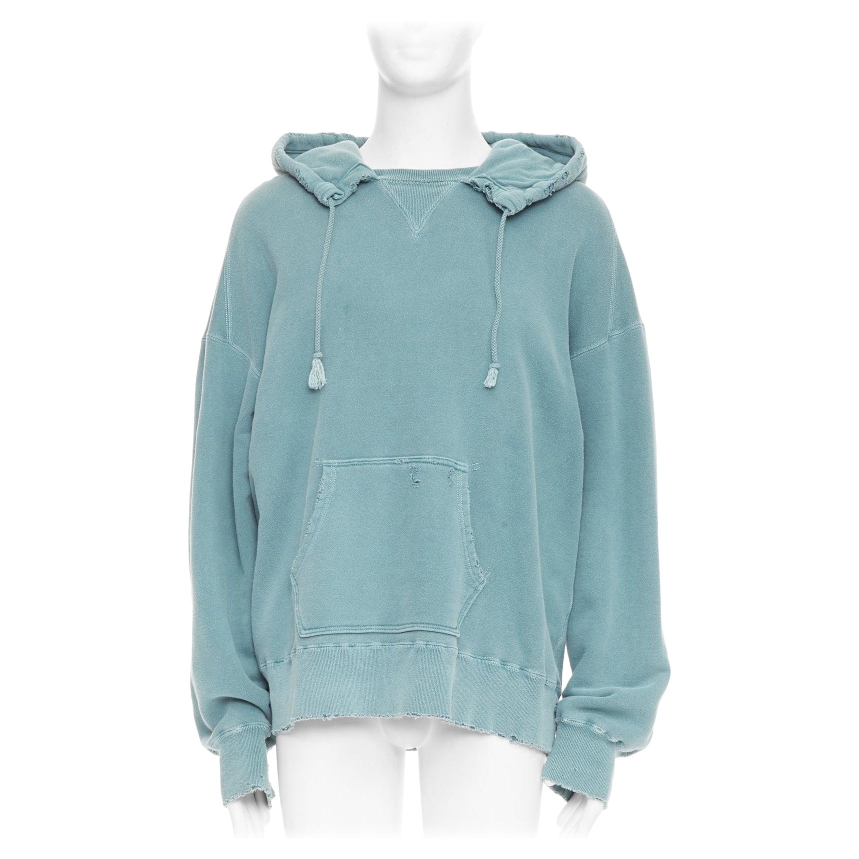 ANCELLM teal blue washed cotton drawstring distressed oversized hoodie JP1 S For Sale