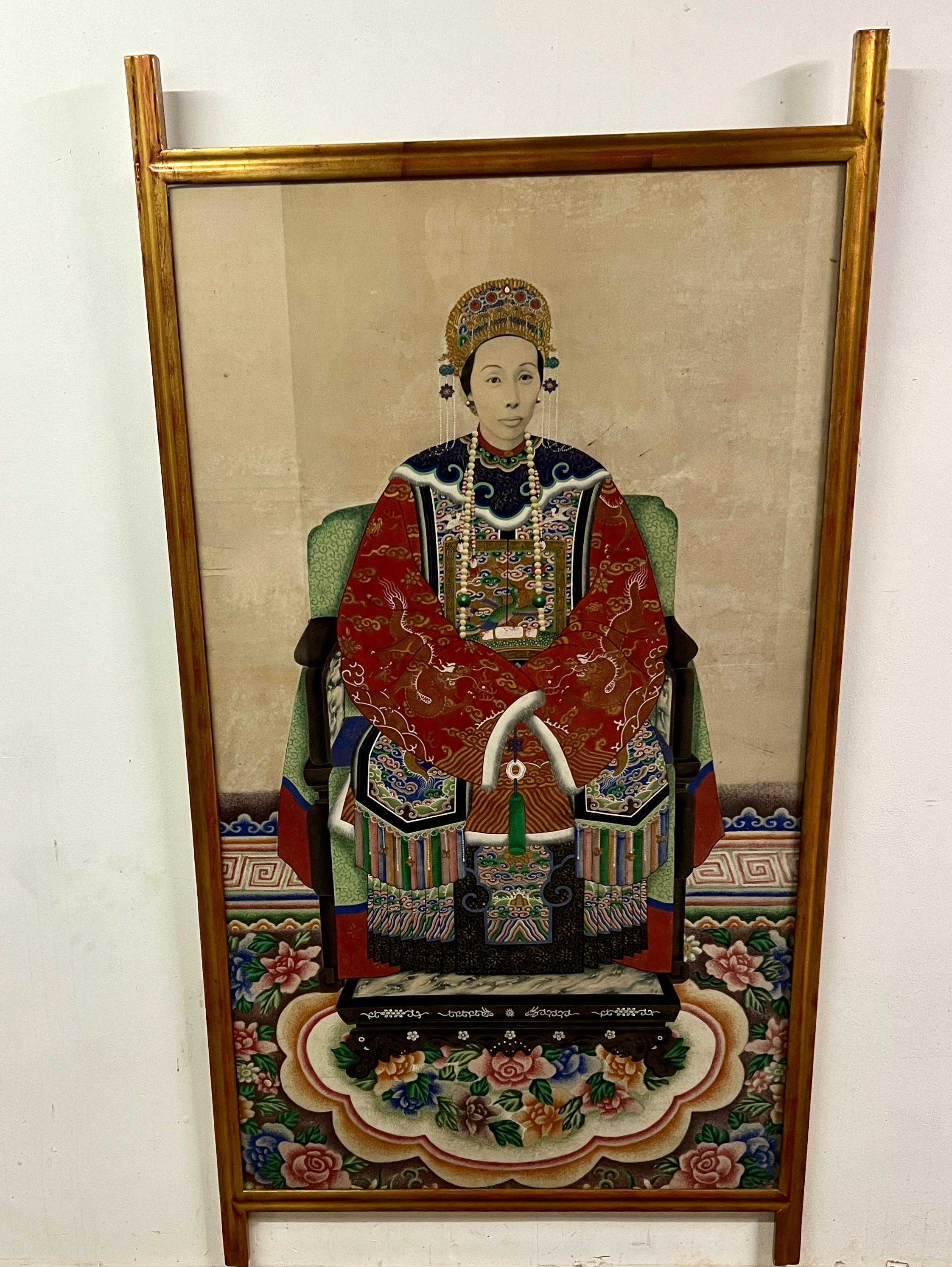 Meiji Portrait d'ancêtre encadré dans un cadre en feuille d'or en vente