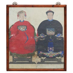 Antique Ancestor Portrait of Mandarin and First Wife