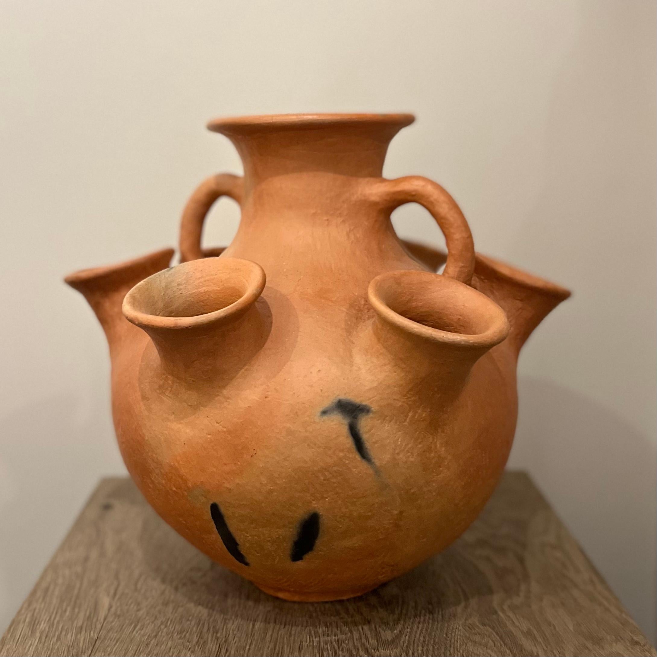 Jarron de Seis Bocas. A large terra-cotta clay vase from Oaxaca, Mexico. Drawing on ancient techniques and forms, the vessel is an extension of the area's centuries old tradition of pottery making. An earthy and sensual addition to any living space,