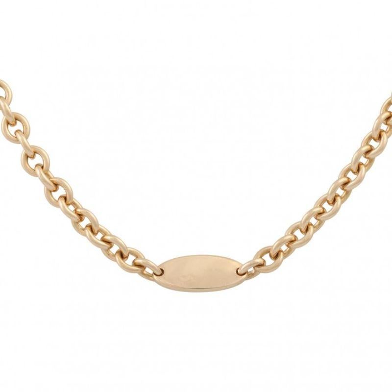 GG 18k, 36.8 g, L: approx. 51 cm, B: approx. 5.7 mm, 20th century, slight traces of carry.

 Trace Chain Necklace with Oval Plate for Engraving, 18k YG, 36.8 g, L: approx. 51 cm, W: approx. 5.7 mm, 20th Century, Minor Signs of Wear.
