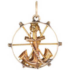 Anchor Charm Pendant 14 Karat Yellow Gold Nautical Jewelry Small Round Wheel