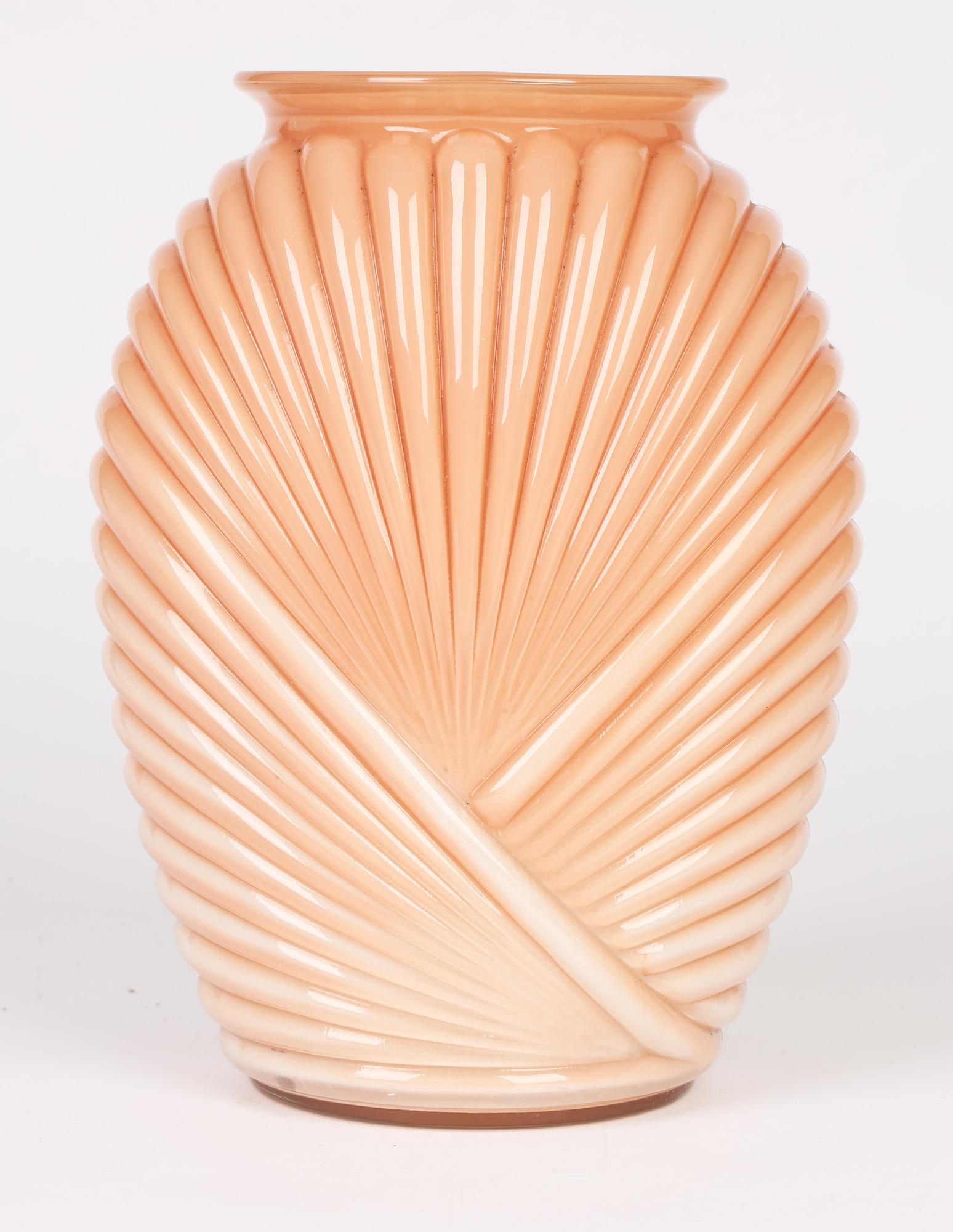 Anchor Hocking Art Deco Style Salmon Pink Molded Fan Pattern Glass Vase For Sale 1