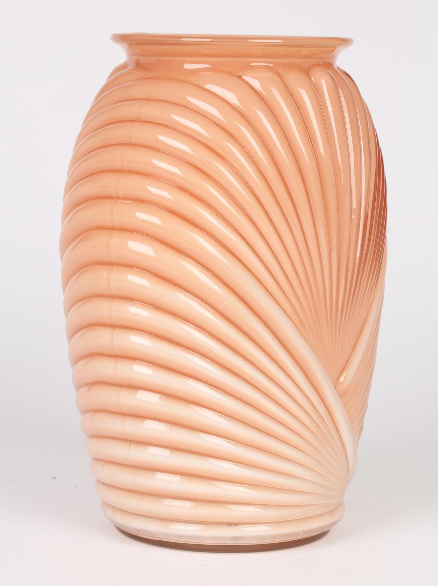 Anchor Hocking Art Deco Style Salmon Pink Molded Fan Pattern Glass Vase For Sale 5