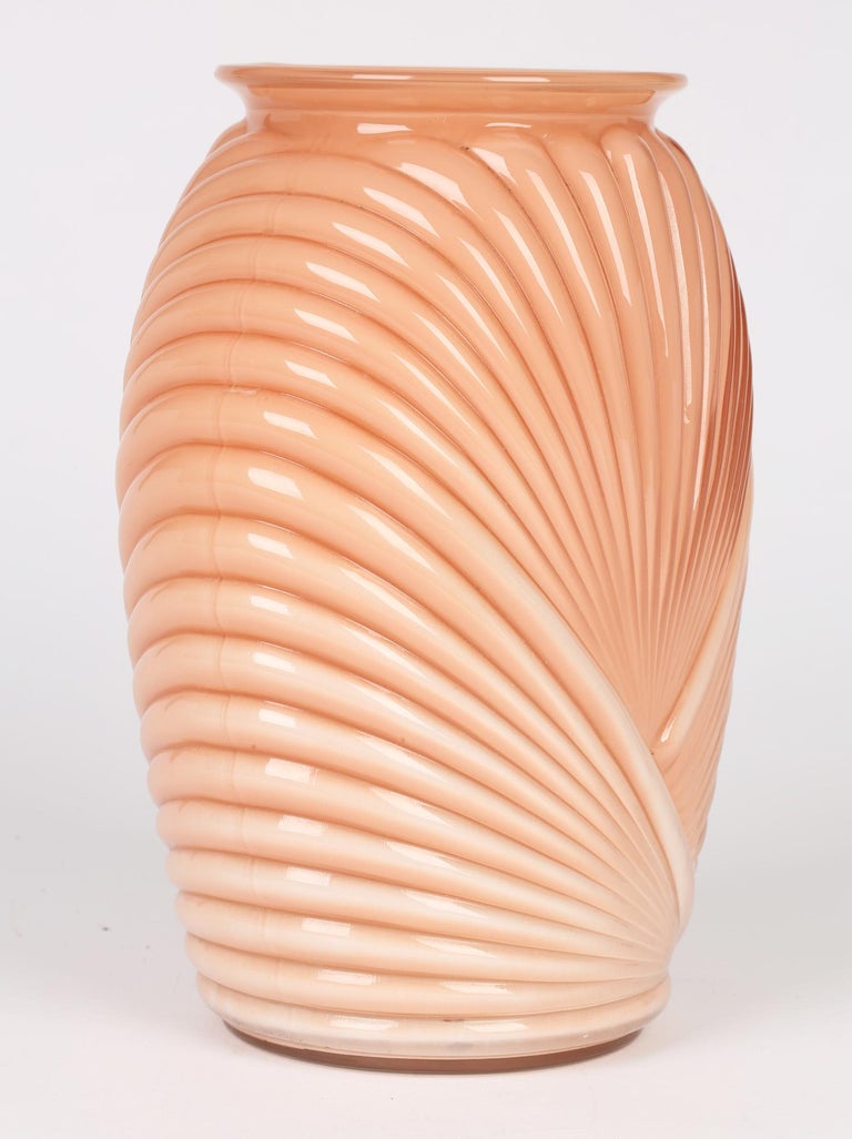 Anchor Hocking Art Deco Style Salmon Pink Molded Fan Pattern Glass Vase For Sale 8