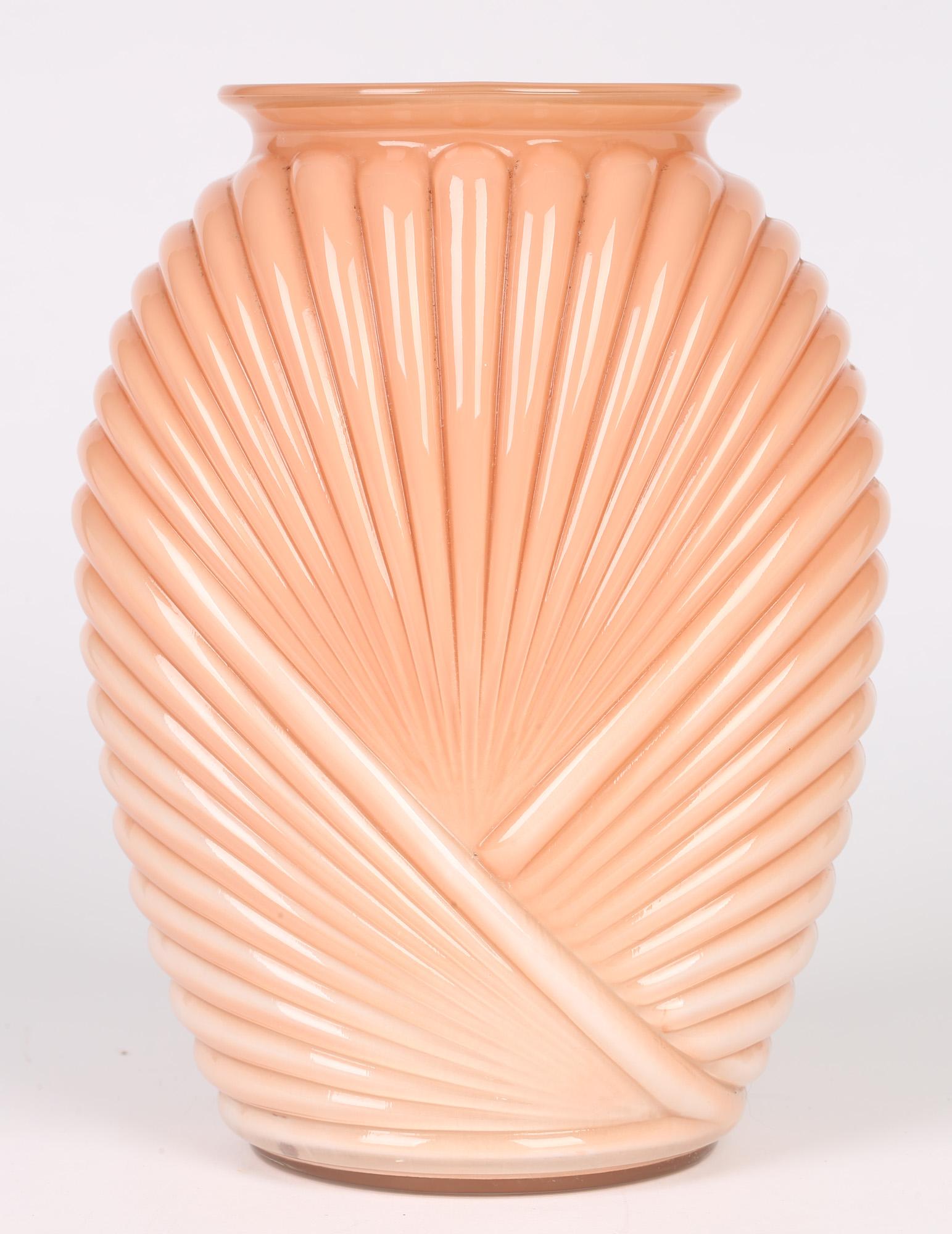 American Anchor Hocking Art Deco Style Salmon Pink Molded Fan Pattern Glass Vase For Sale