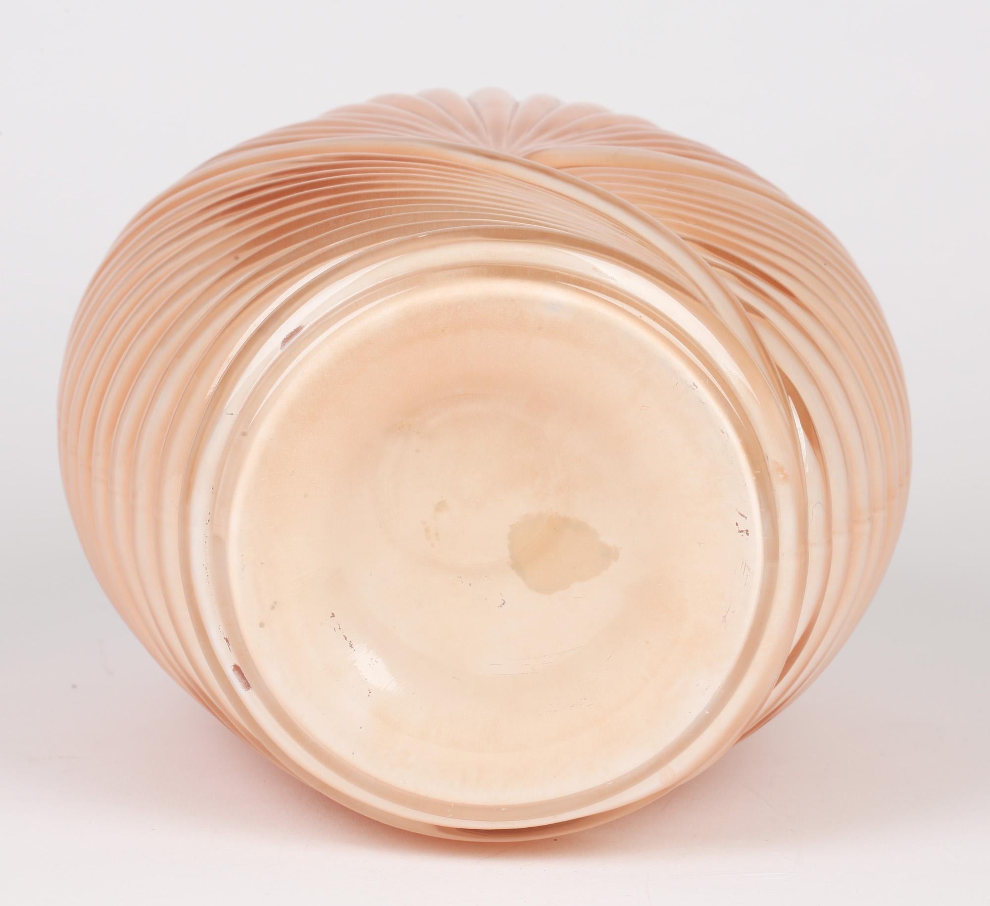 Late 20th Century Anchor Hocking Art Deco Style Salmon Pink Molded Fan Pattern Glass Vase For Sale