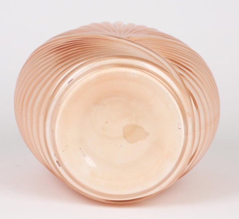 Anchor Hocking Art Deco Style Salmon Pink Molded Fan Pattern Glass Vase For Sale 2