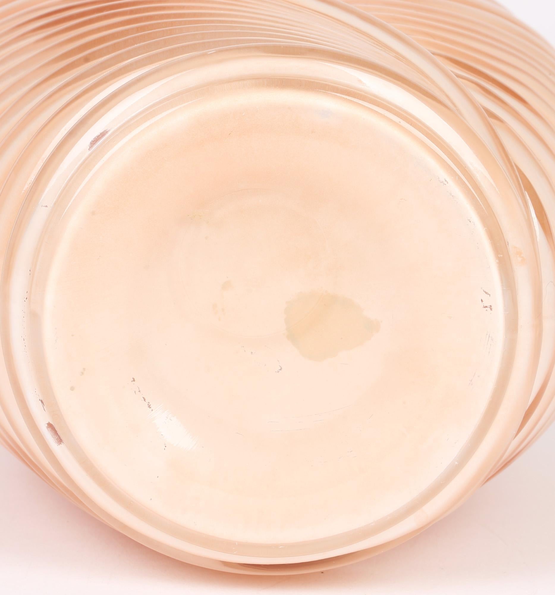 Art Glass Anchor Hocking Art Deco Style Salmon Pink Molded Fan Pattern Glass Vase For Sale