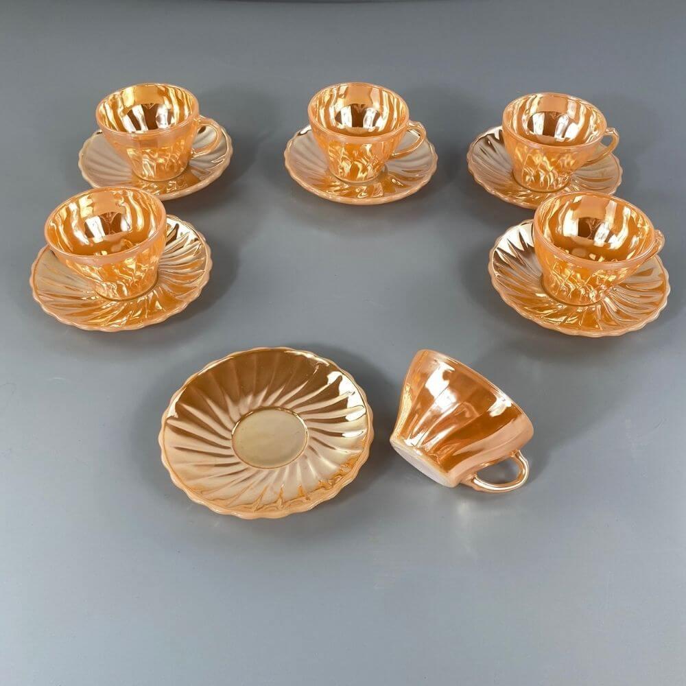 Glass Anchor Hocking Peach Lustre Glazed Coffee and Tea set -  for 6 - For Sale