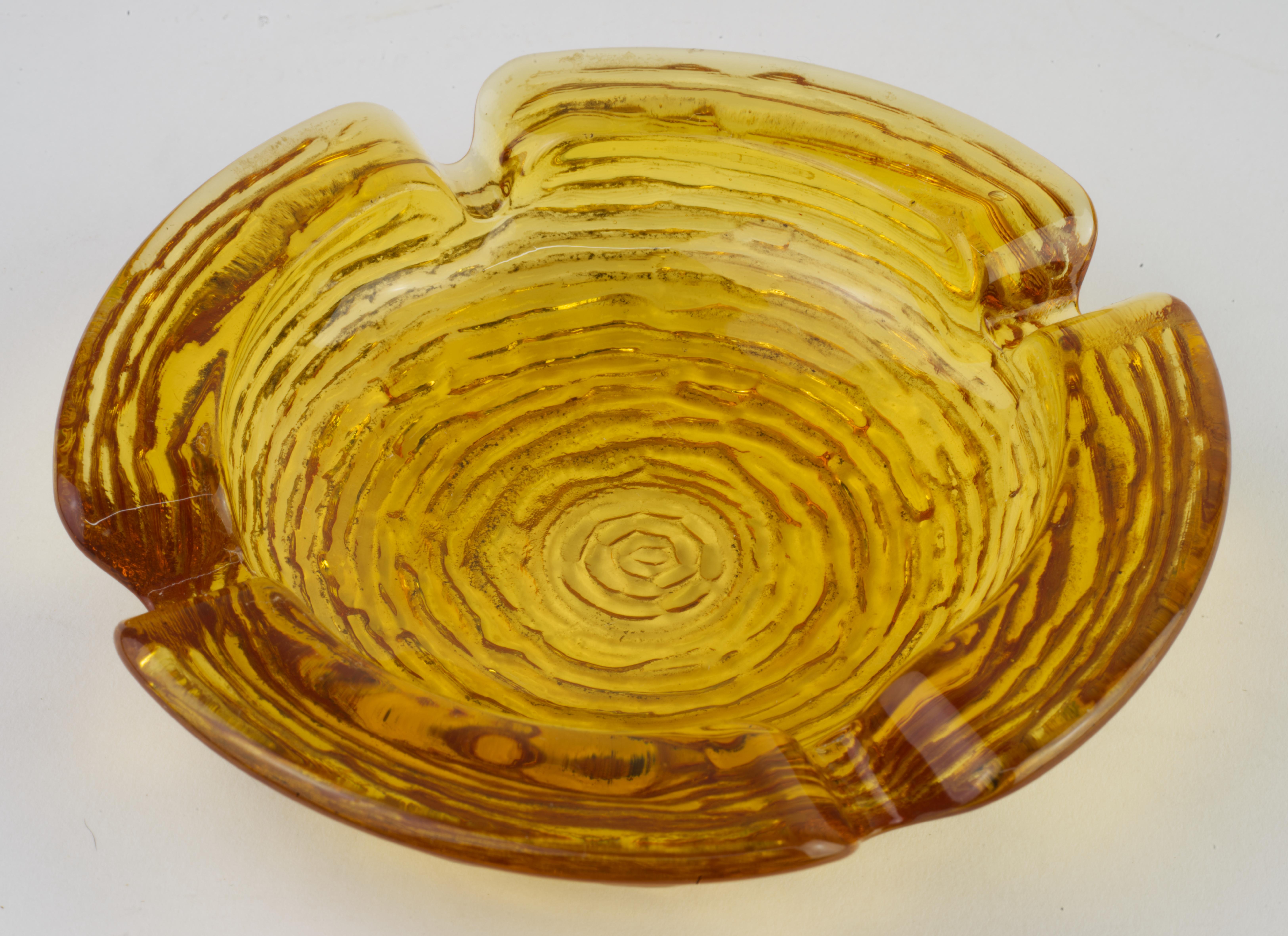 Mid-Century Modern Anchor Hocking Soreno Textured Amber Glass Ashtray Vintage American For Sale