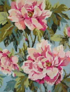 Anchor, Peony, Vintage Floral Needlepoint Tapestry, Canada, Mid-20th Century