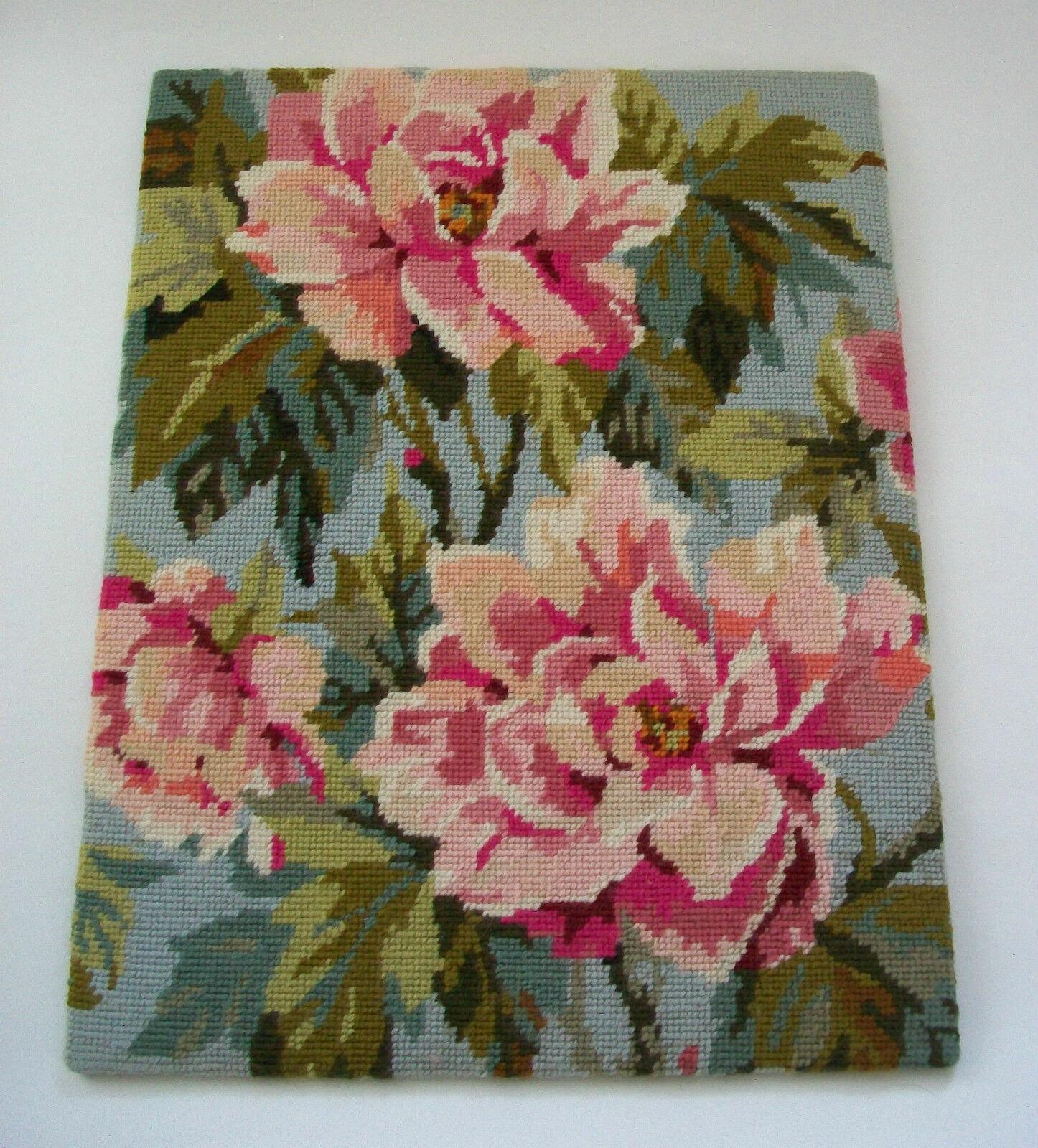 Hand-Crafted Anchor, Peony, Vintage Floral Needlepoint Tapestry, Canada, Mid-20th Century For Sale