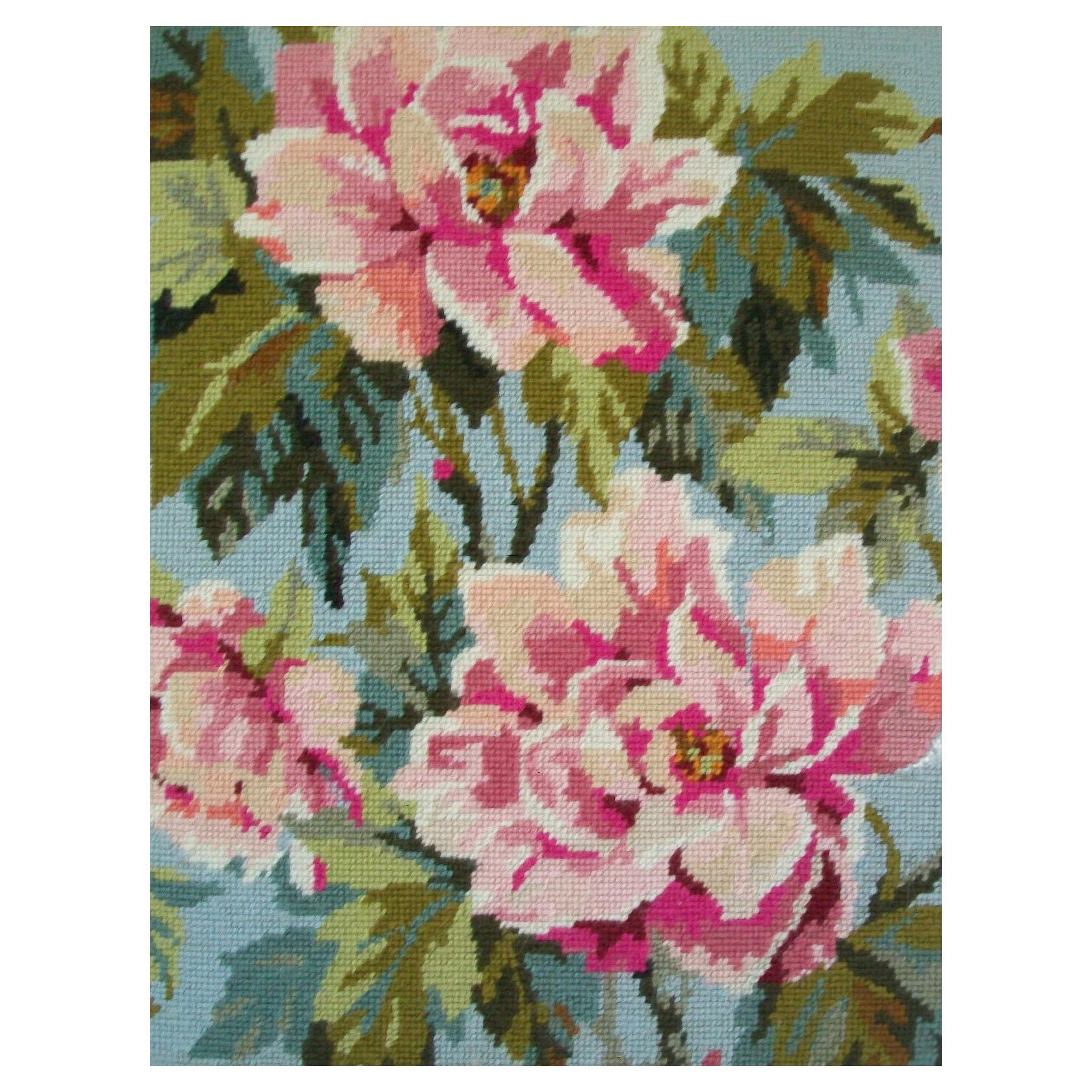 Anchor, Peony, Vintage Floral Needlepoint Tapestry, Canada, Mid-20th Century For Sale