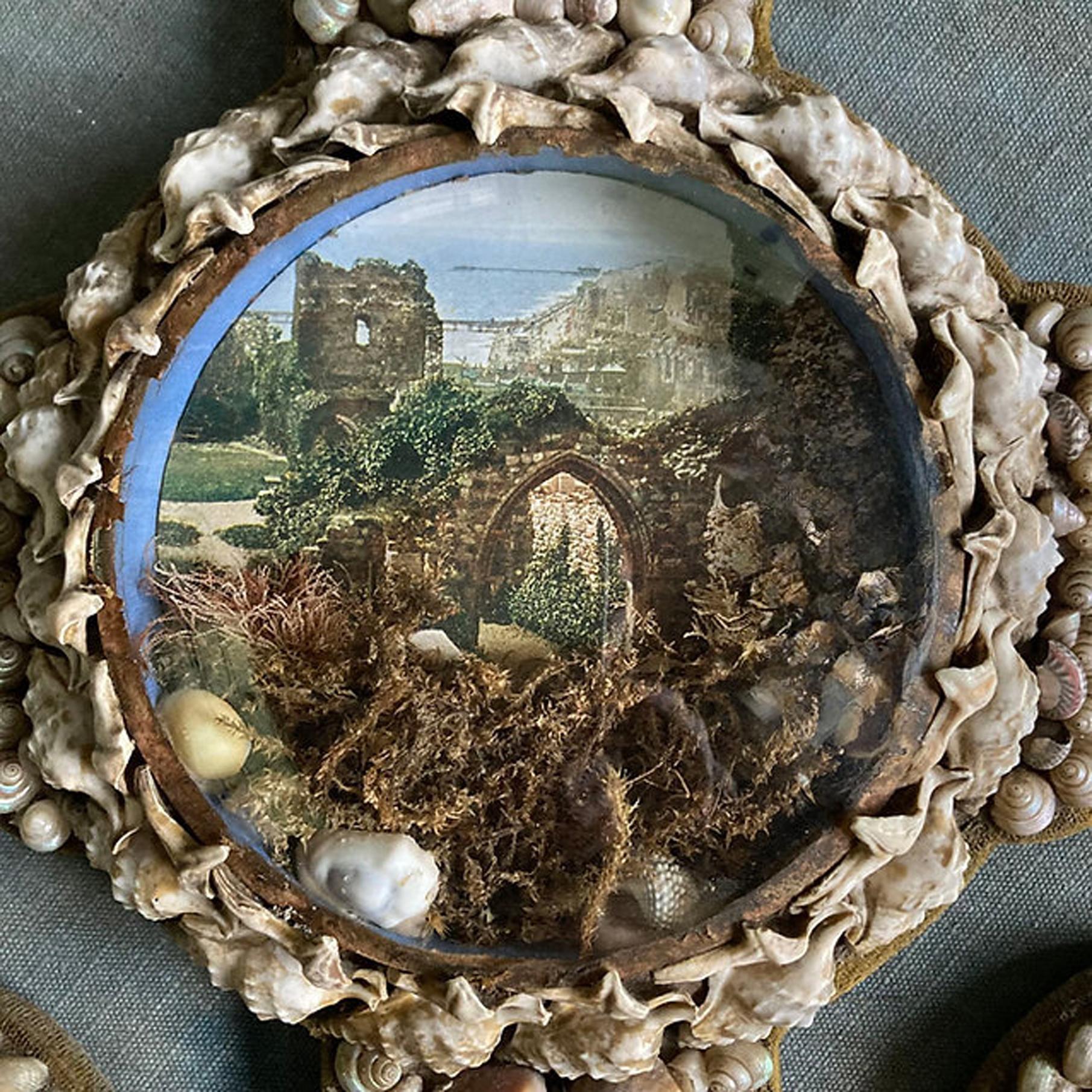 Folk Art Anchor-shaped Seashell Valentine Large Diorama with Architectural Ruins For Sale