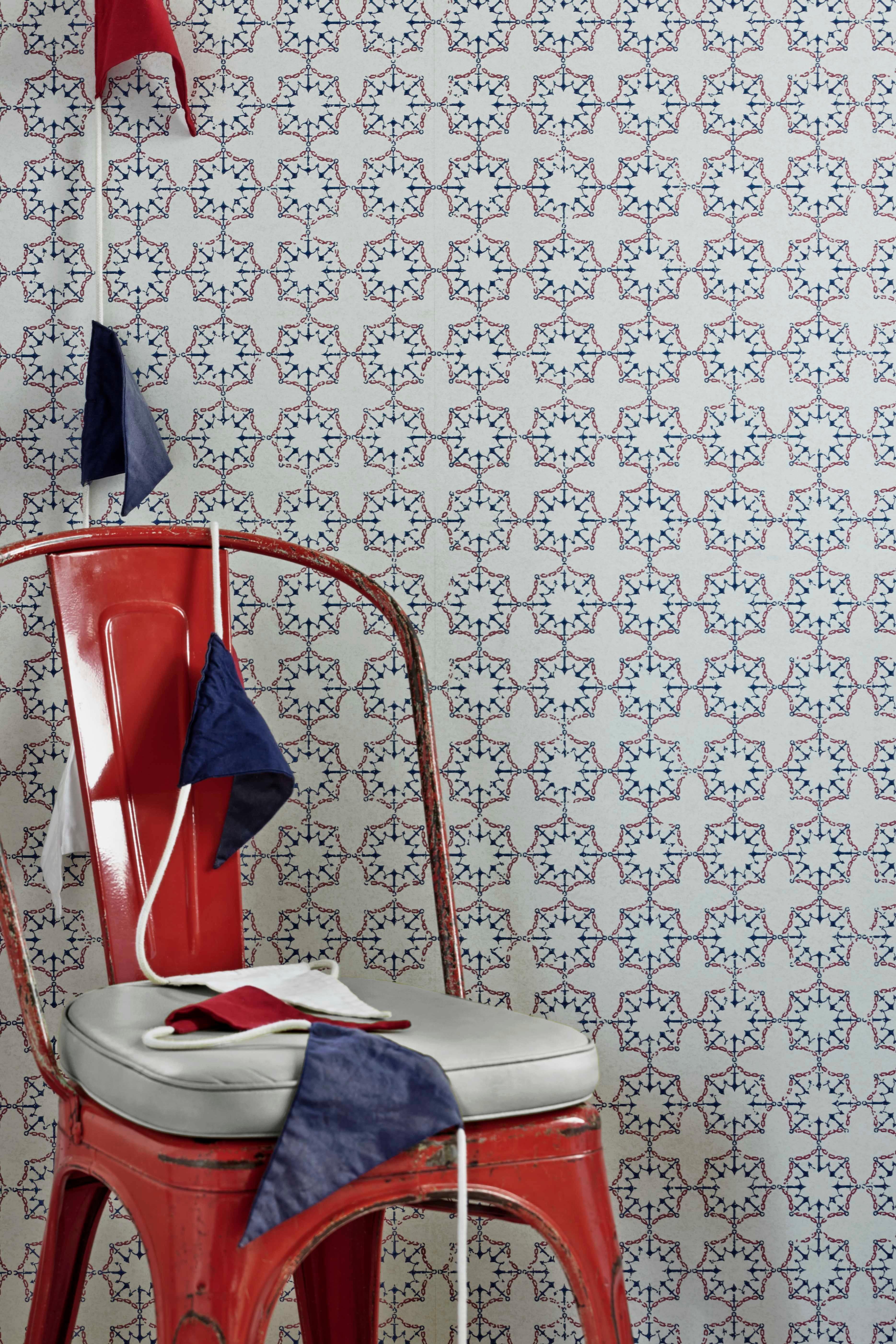 British 'Anchor Tile' Contemporary, Traditional Wallpaper in Red/White/Blue For Sale