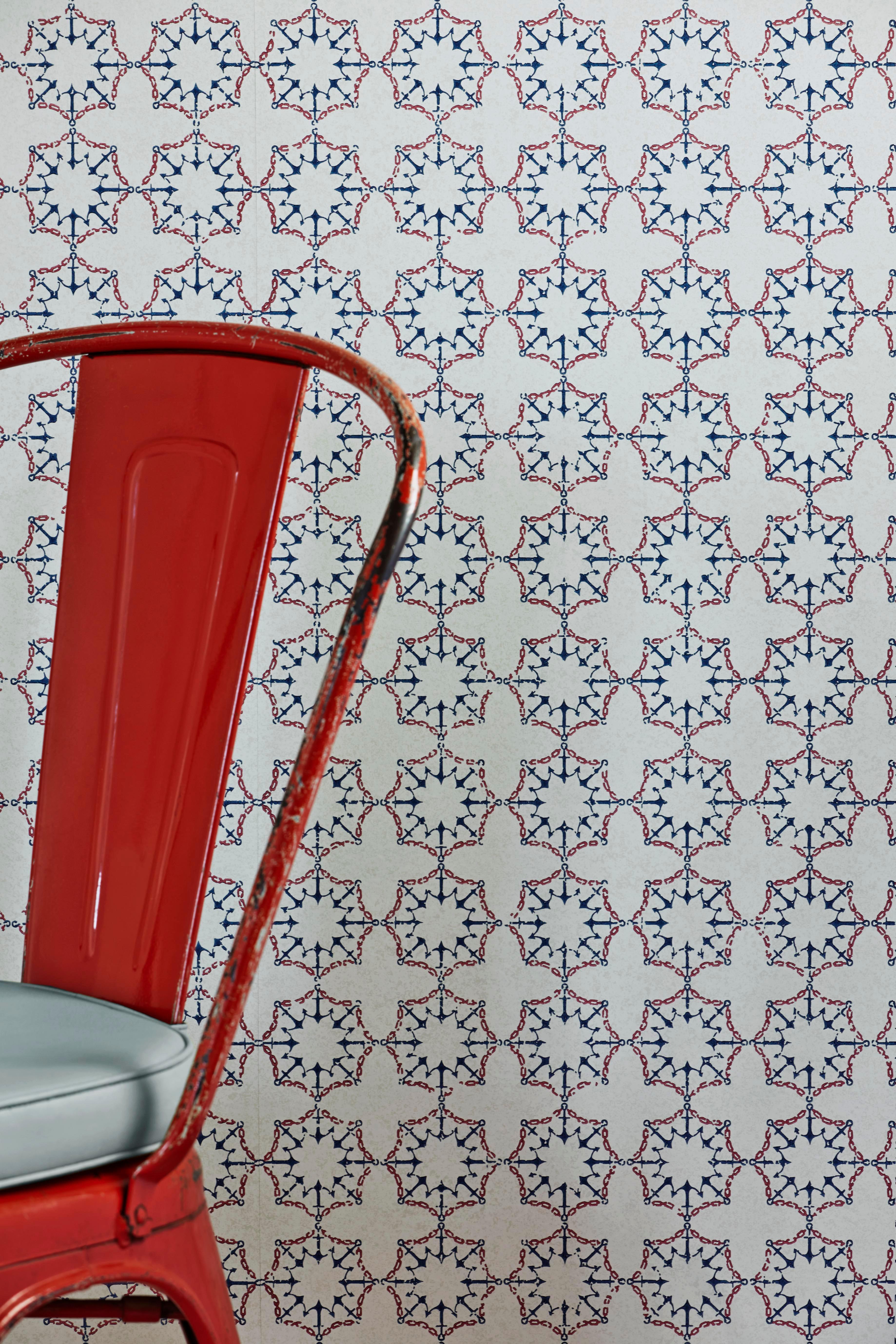 'Anchor Tile' Contemporary, Traditional Wallpaper in Red/White/Blue In New Condition For Sale In Pewsey, Wiltshire