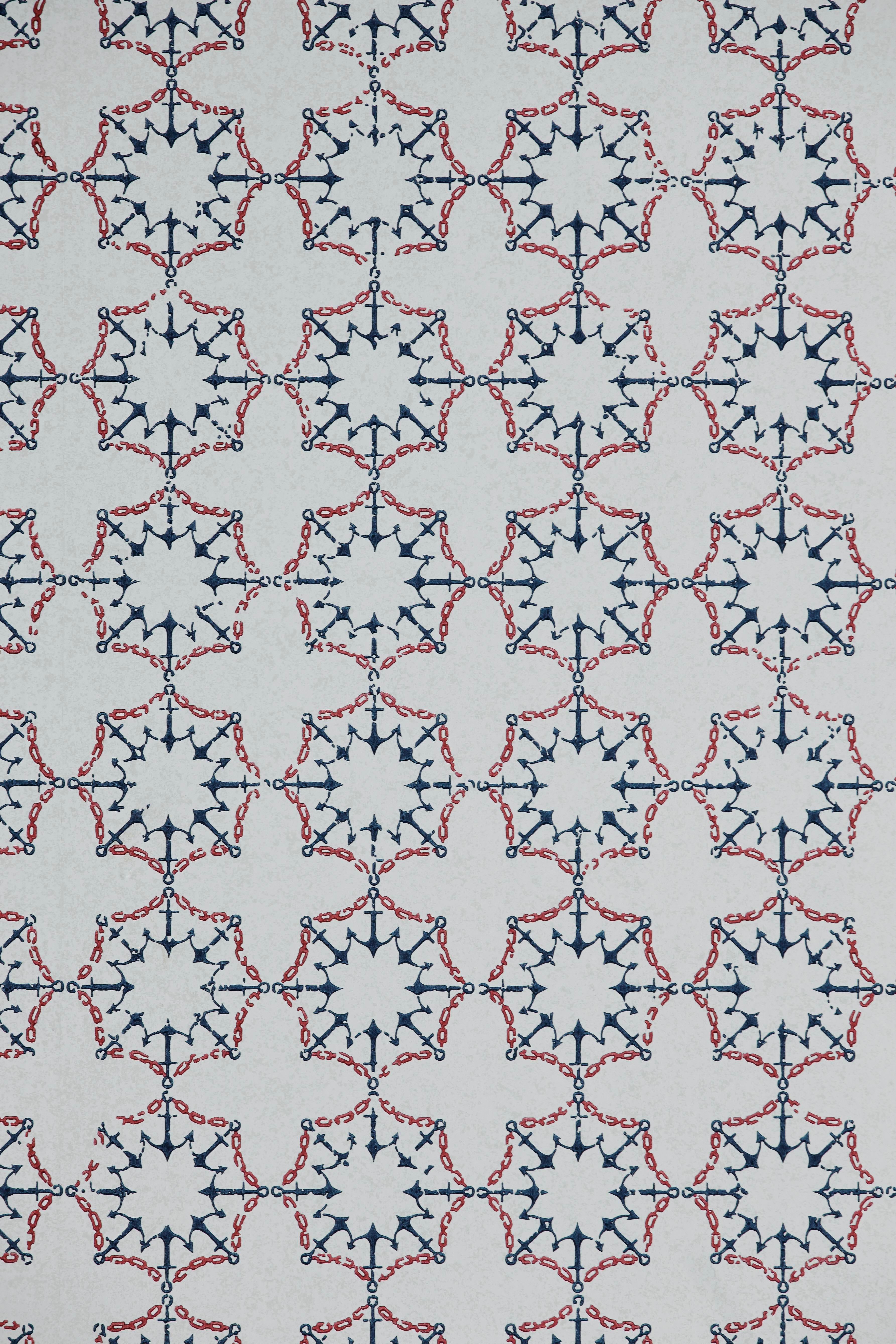 Paper 'Anchor Tile' Contemporary, Traditional Wallpaper in Red/White/Blue For Sale