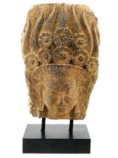 Ancient 12th c sandstone head of Apsara sculpture with COA