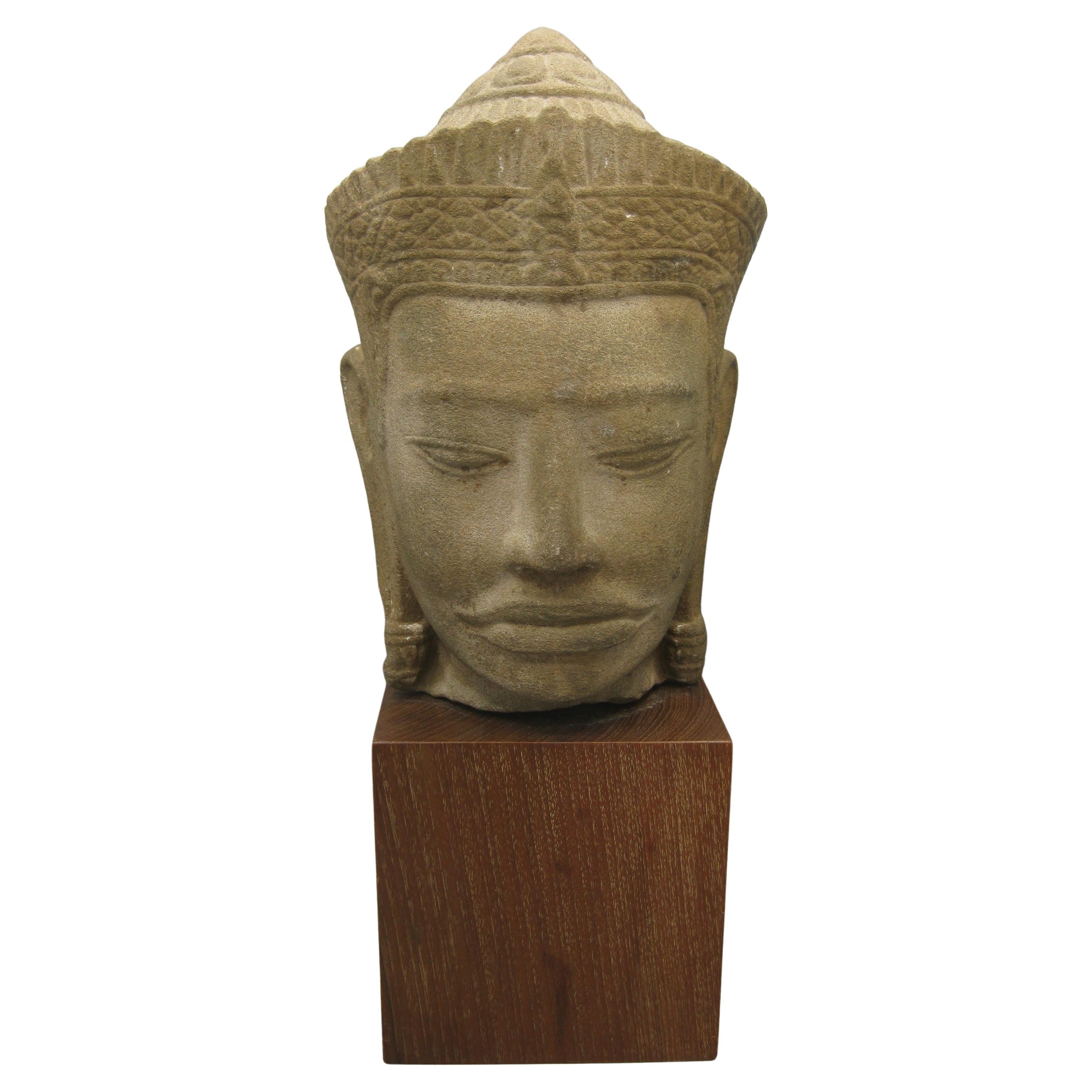 Ancient 12th Century Khmer Cambodia Sandstone Vishnu Buddha Statue Sculpture 15"