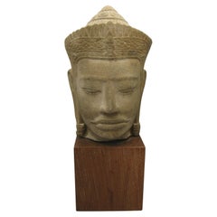 Ancient 12th Century Khmer Cambodia Sandstone Vishnu Buddha Statue Sculpture 15"