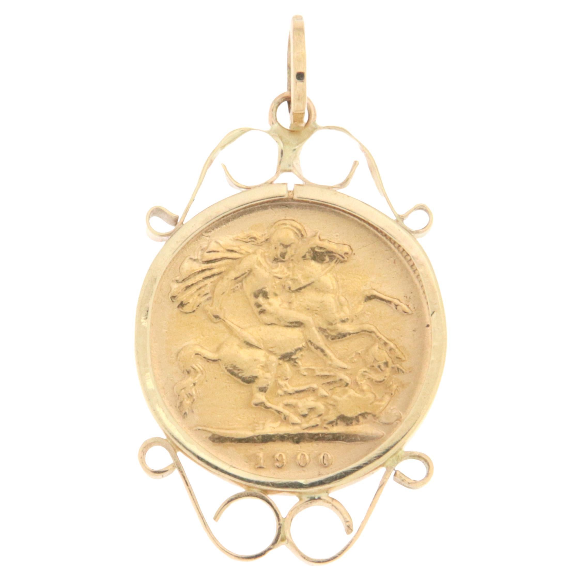 Collier pendentif ancien en or jaune 18 carats et pièces de monnaie britanniques 22 carats