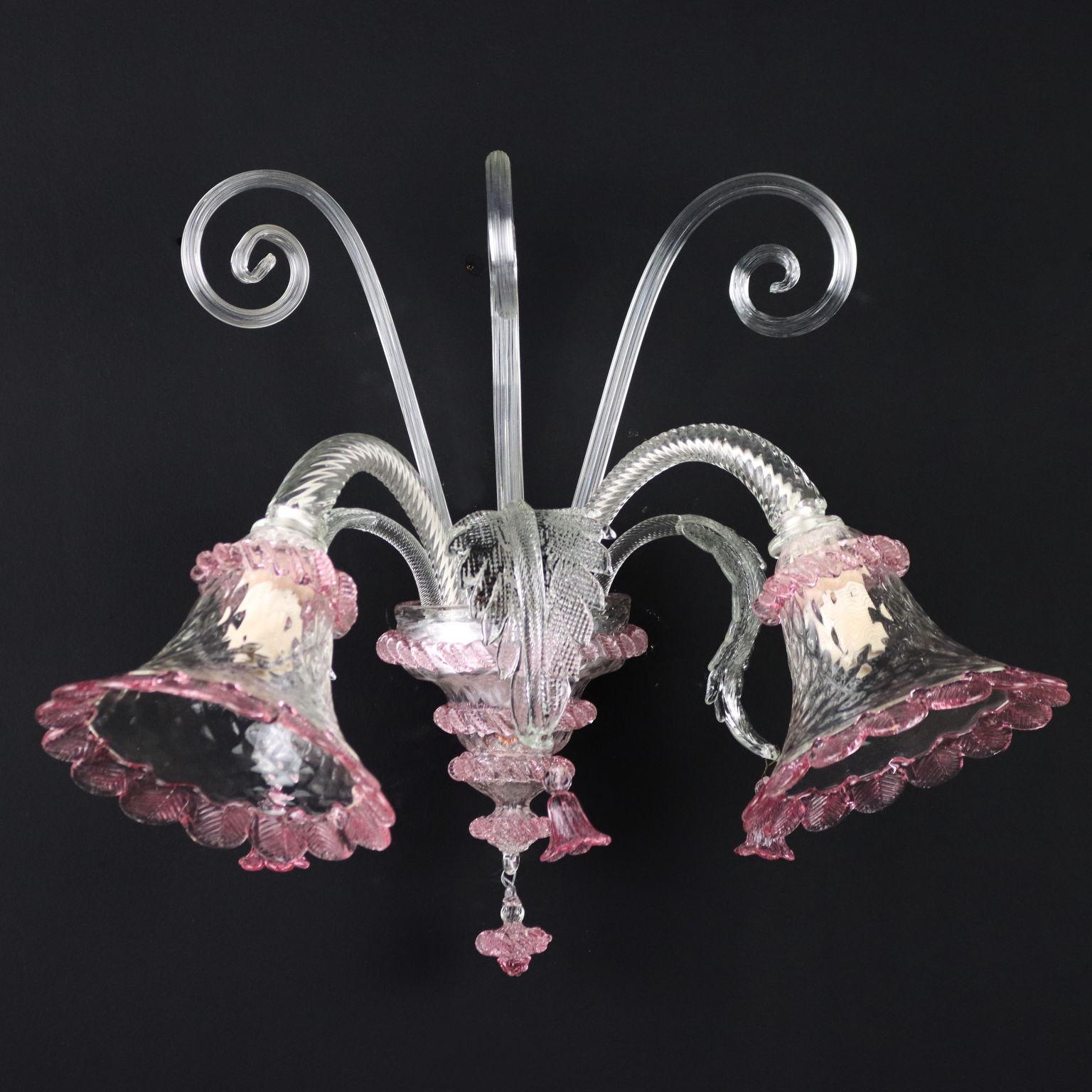 Two-light wall sconce with blown and coloured glass arms and bobeches. Italy 20th century.