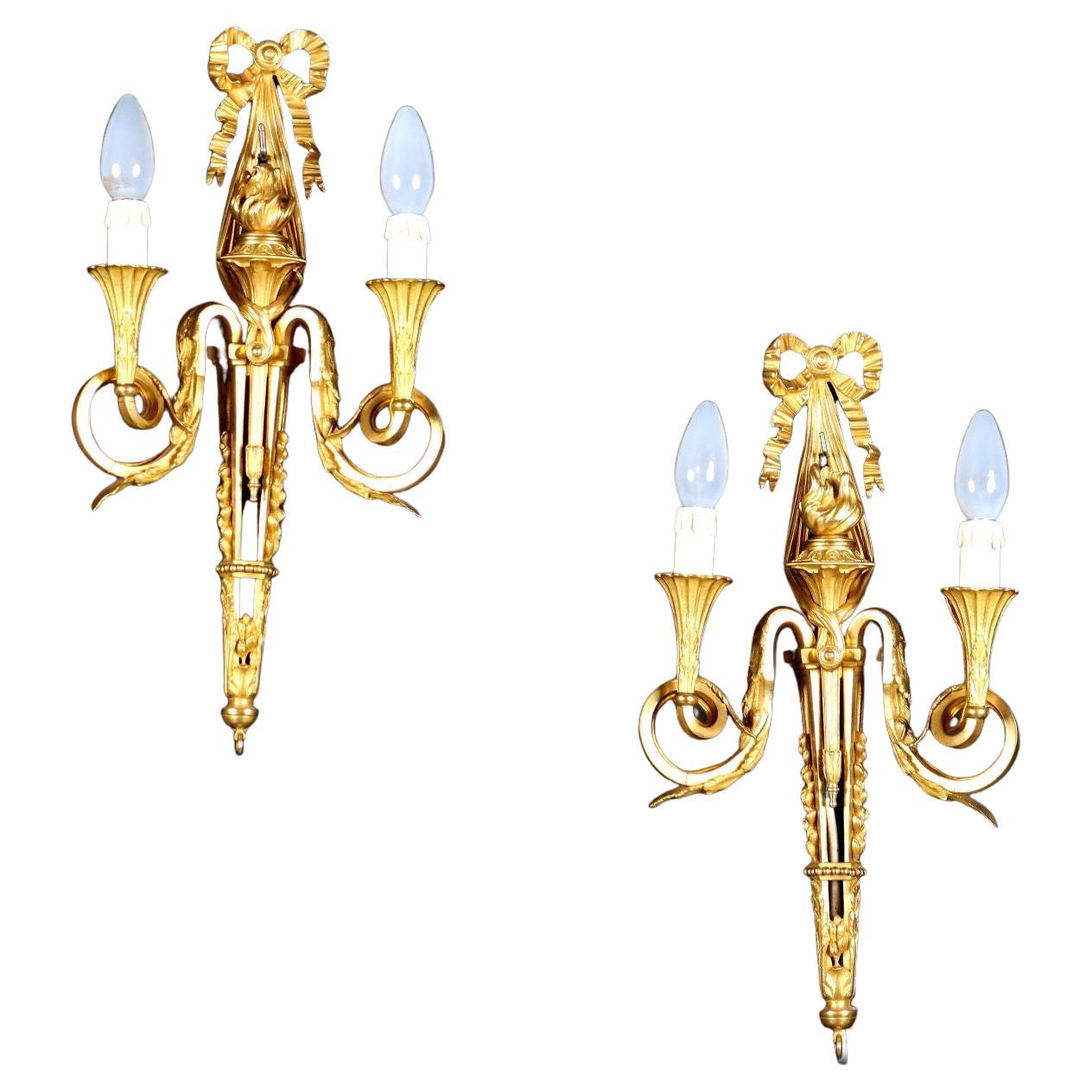Ancient 2 Lights Wall Lamps Neoclassical Style '900 Gilded Bronze For Sale
