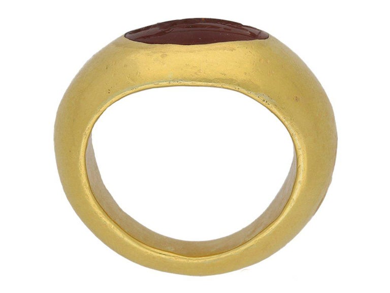 Women's or Men's Ancient 2nd Century AD Roman Dionysus Carnelian Intaglio Gold Ring  For Sale