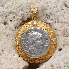 Ancient 2nd Century BC Goddess Roma Coin Diamonds 22K Gold Pendant With Chain